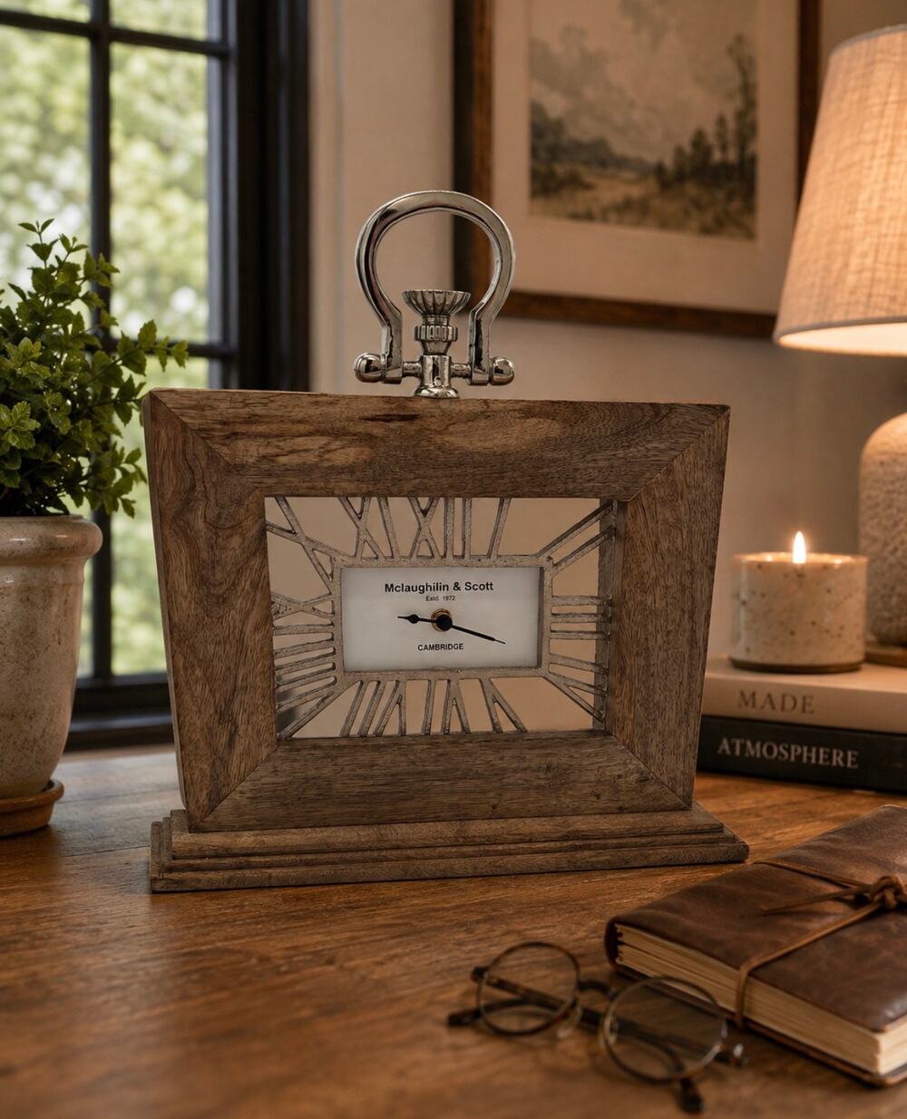 Mclaughilin & Scott Cambridge 13x14 Mango Wood Pocket Watch Table Desk Clock